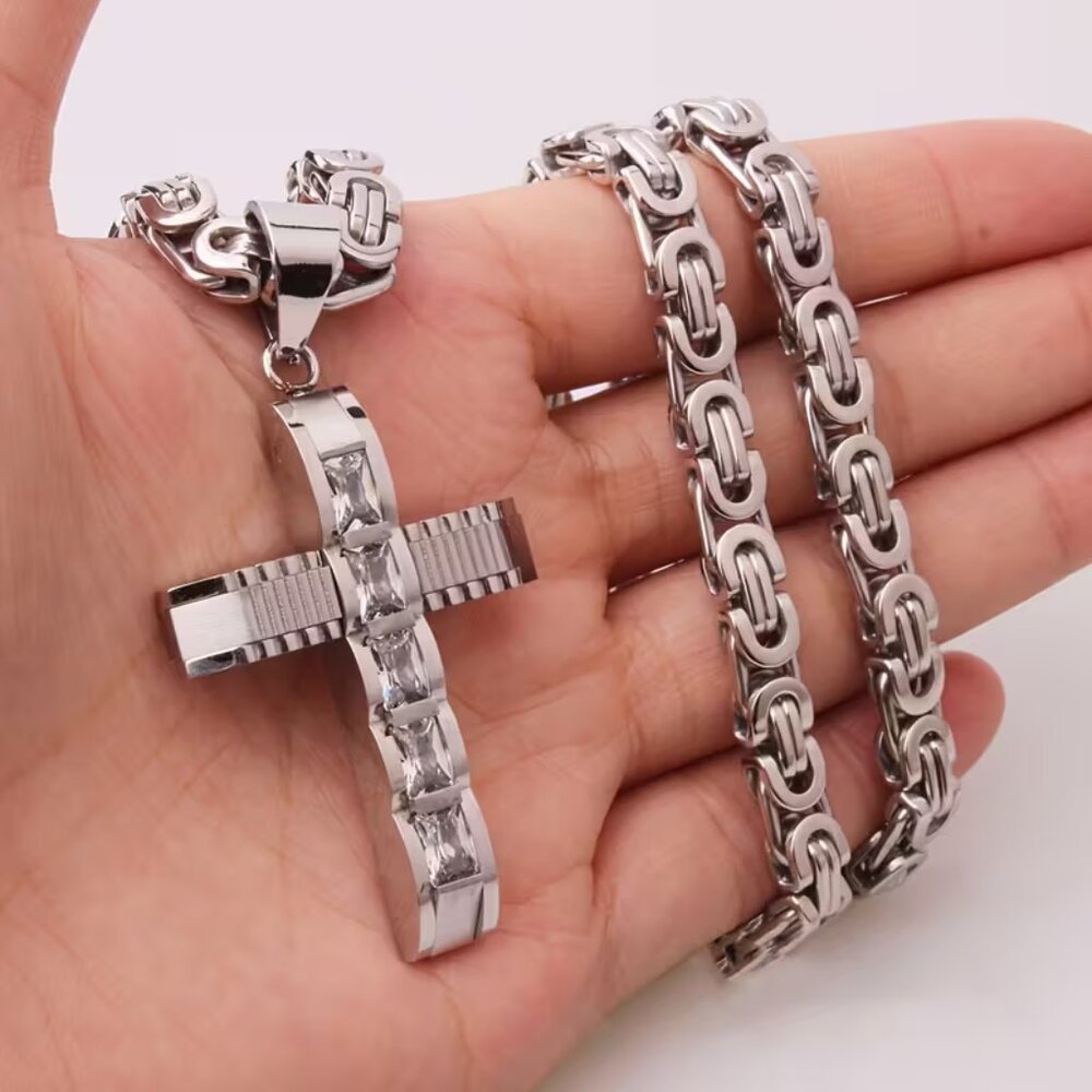 #618 1pc Men's Silvery Titanium 316L Stainless Steel Cross Pendant Necklace